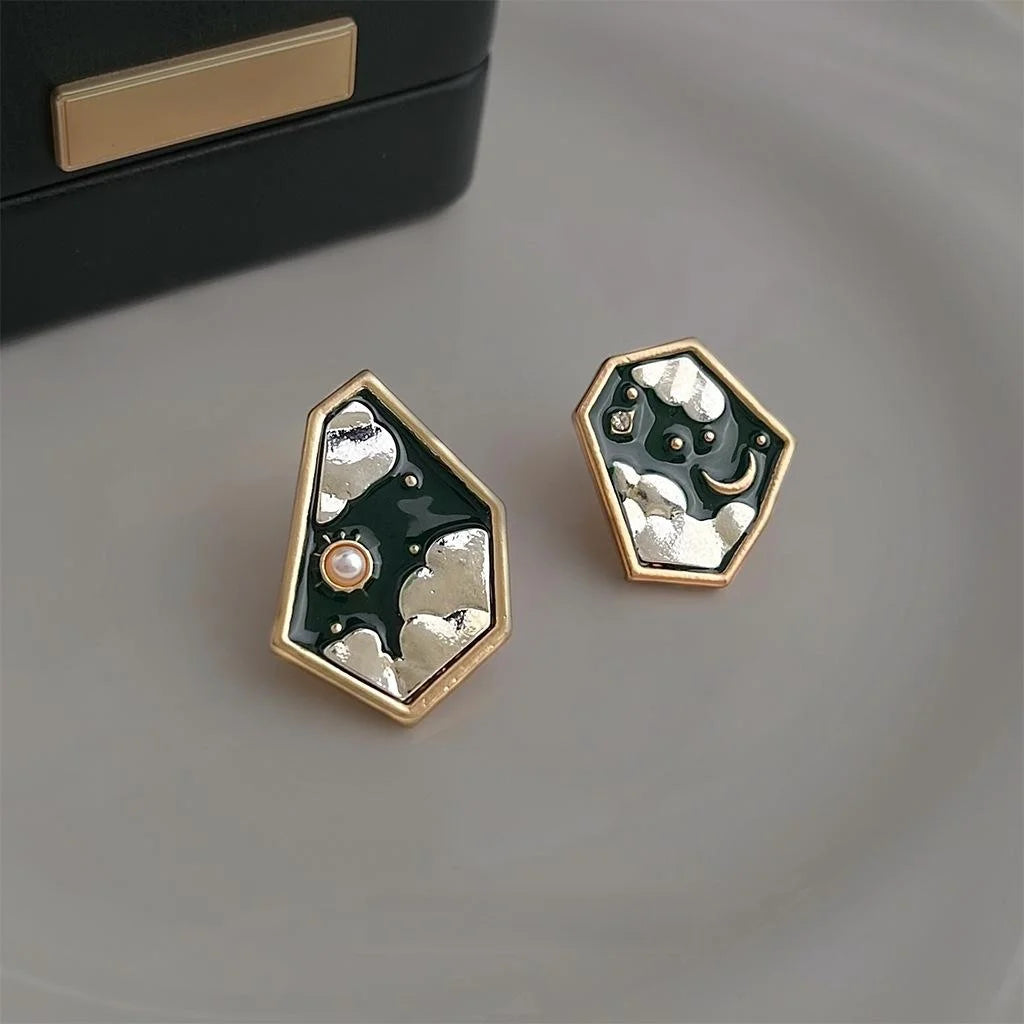 Artistic Asymmetric Star Moon Stud Earrings Copper Irregular Geometric Oil Painting Style