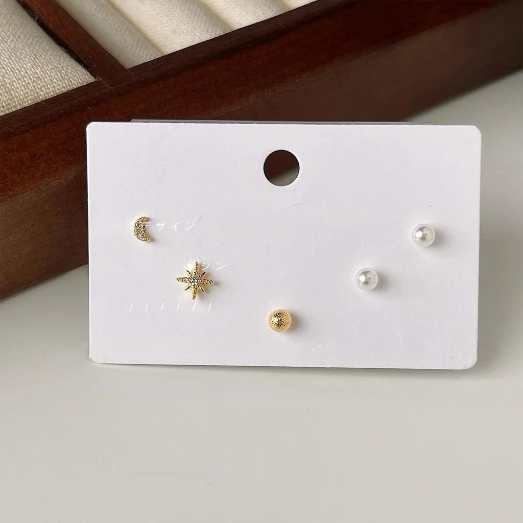 5 Piece Mini Silver Plated Copper Zircon Geometric Stud Earrings For Daily Wear