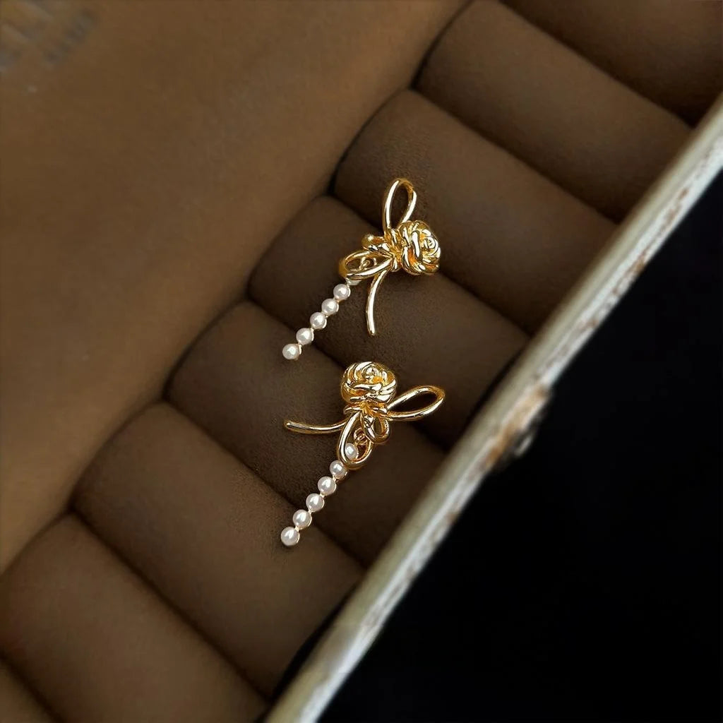 Light Luxury Rose Flower Pearl Copper Drop Earrings For Women