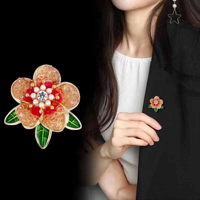 Elegant Korean Style Peony Flower Brooch With Pearl Beads Rhinestone Enamel Leaves Lapel Pin Suit Corsage Gift