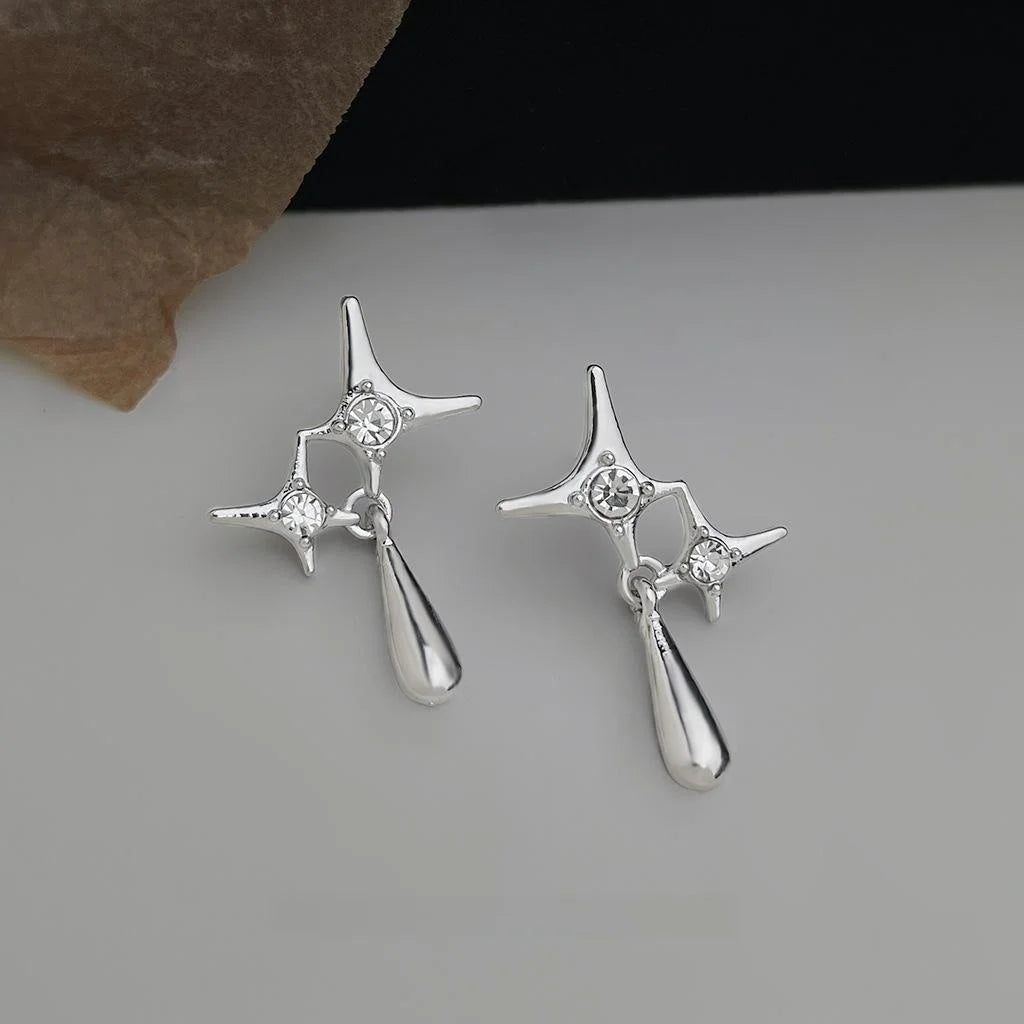 Sweet Cool Copper Star Cross Drop Earrings, Geometric Liquid Waterdrop Minimalist Jewelry