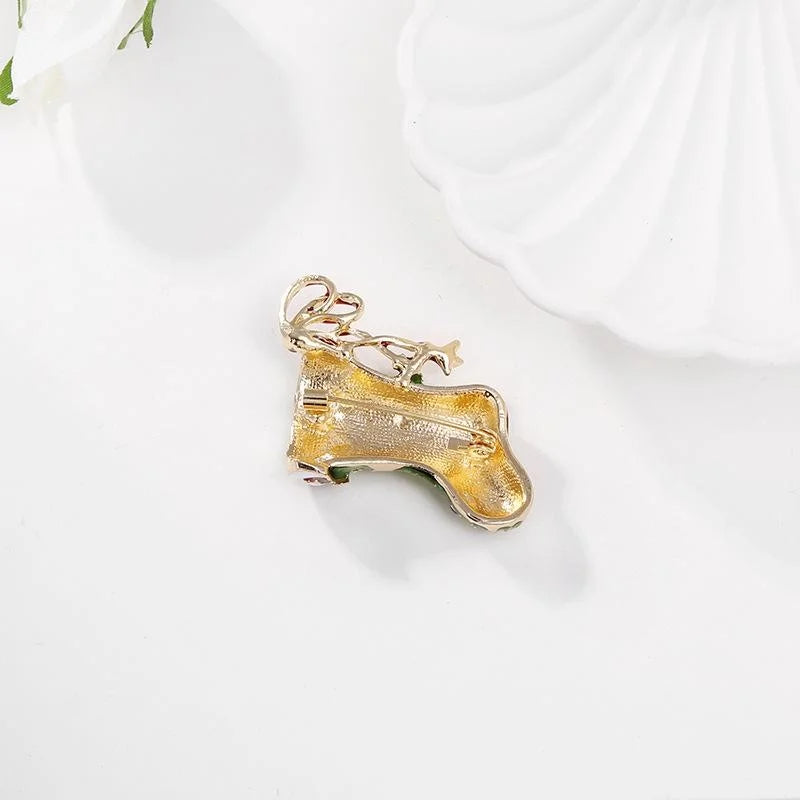 Cute Christmas Stocking Boot Brooch With Green Enamel And Rhinestones, Festive Lapel Pin Gift