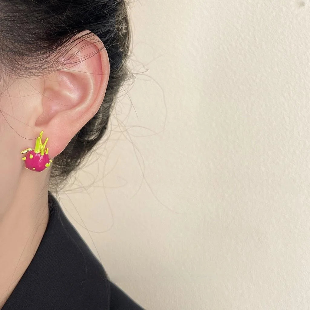 Sweet Dragon Fruit Enamel Copper Stud Earrings Trendy Geometric Fruit Jewelry