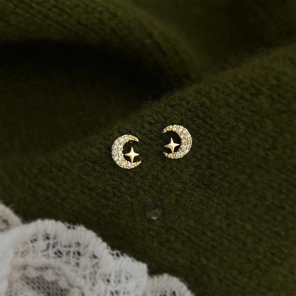 Mini Zircon Moon Star Stud Earrings Eco-Friendly Copper Micro Pave Minimalist Commuter Jewelry