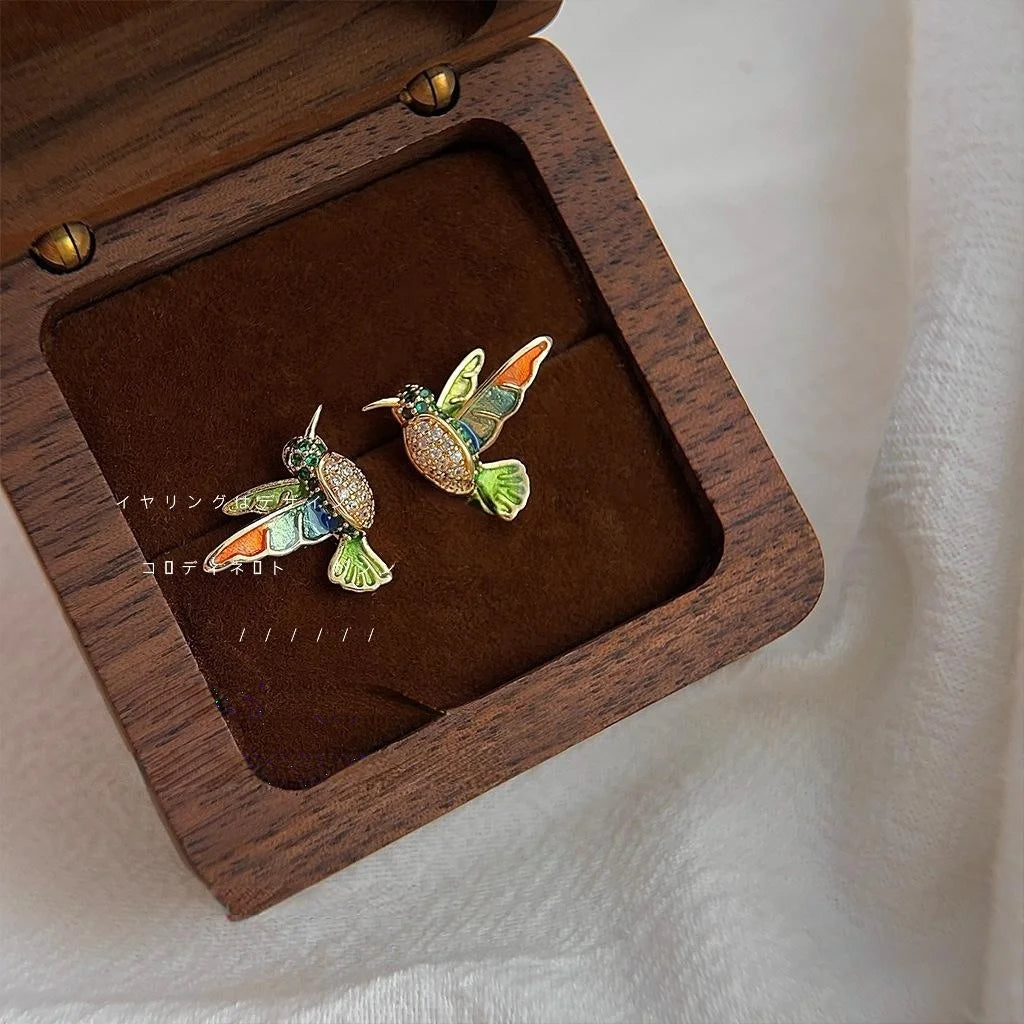 14K Gold Plated Copper Hummingbird Stud Earrings Colorful Enamel Micro Pave Zircon New Chinese Jewelry