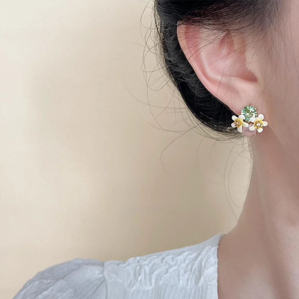 Sweet 14K Gold Plated Copper Zircon Glass Crystal Enamel 3D Flower Stud Earrings