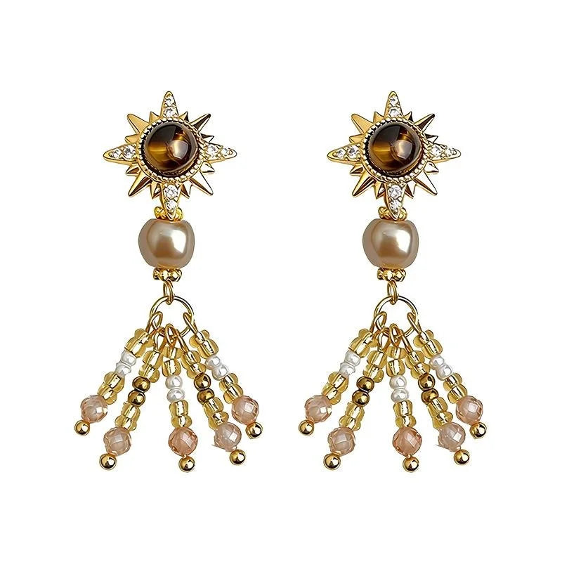 Vintage Maillard Tiger Eye Star Tassel Drop Earrings Copper Pearl Beaded Zircon Designer Jewelry