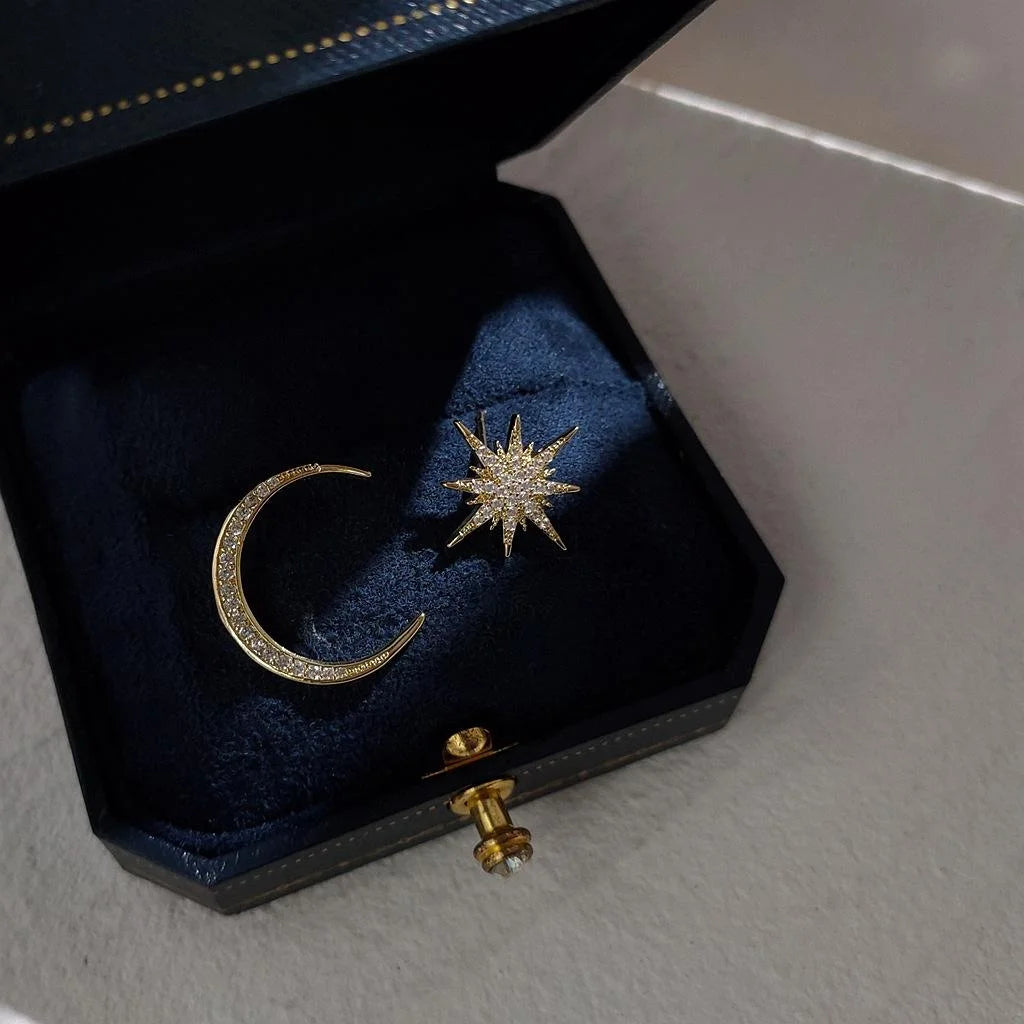 Asymmetric Star Moon Micro Pave Zircon Copper Stud Earrings For Women, Niche Geometric Fashion