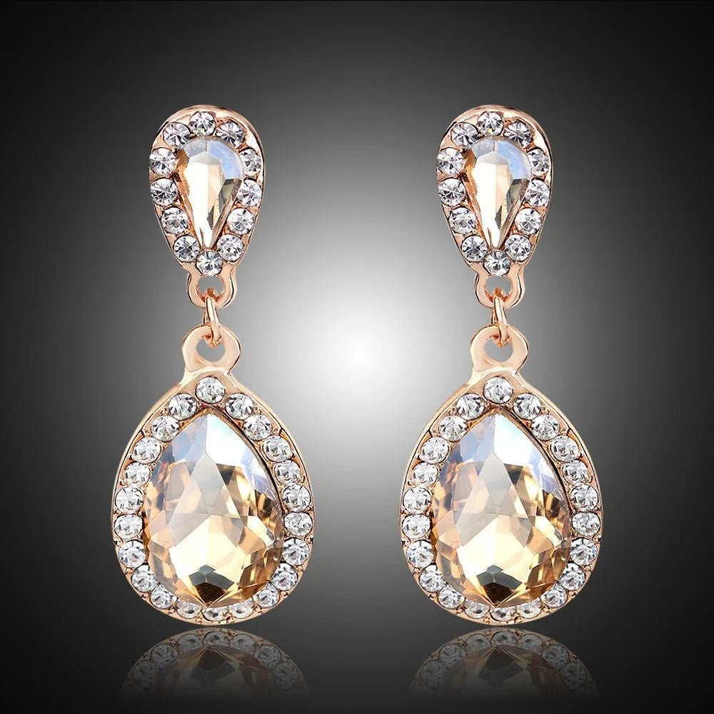 Elegant Champagne Crystal Teardrop Dangle Earrings With Rhinestone Halo For Wedding Party Gift