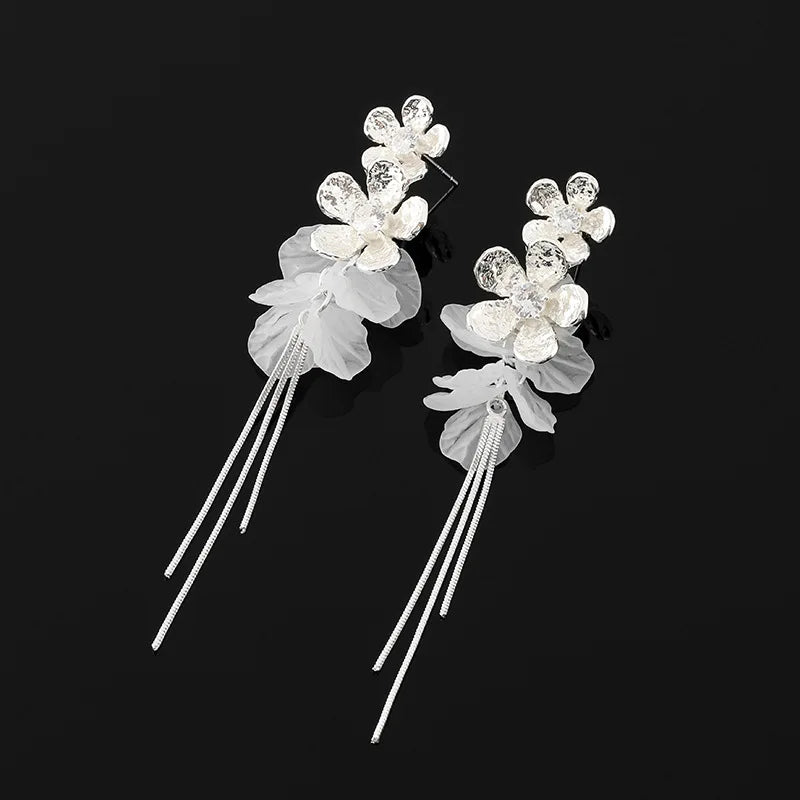 Elegant Alloy Crystal Flower Tassel Drop Stud & Clip On No Piercing Long Chain Statement Earrings