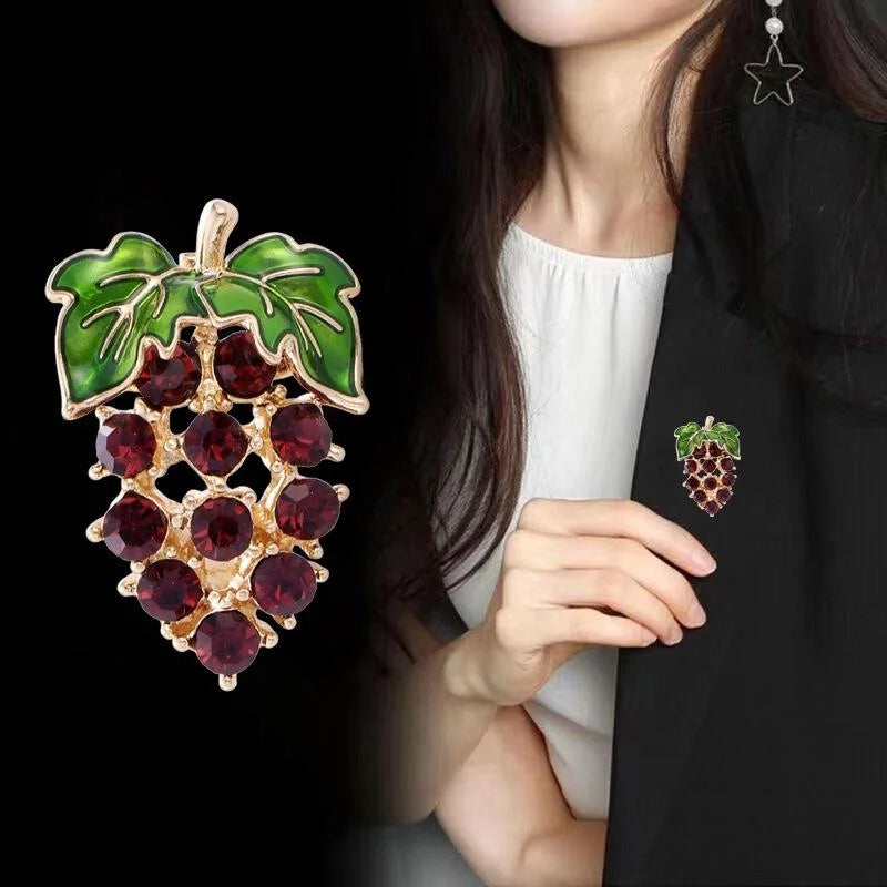 Elegant Rhinestone Grape Brooch With Green Enamel Leaves, Gold Tone Alloy Lapel Pin Corsage Gift