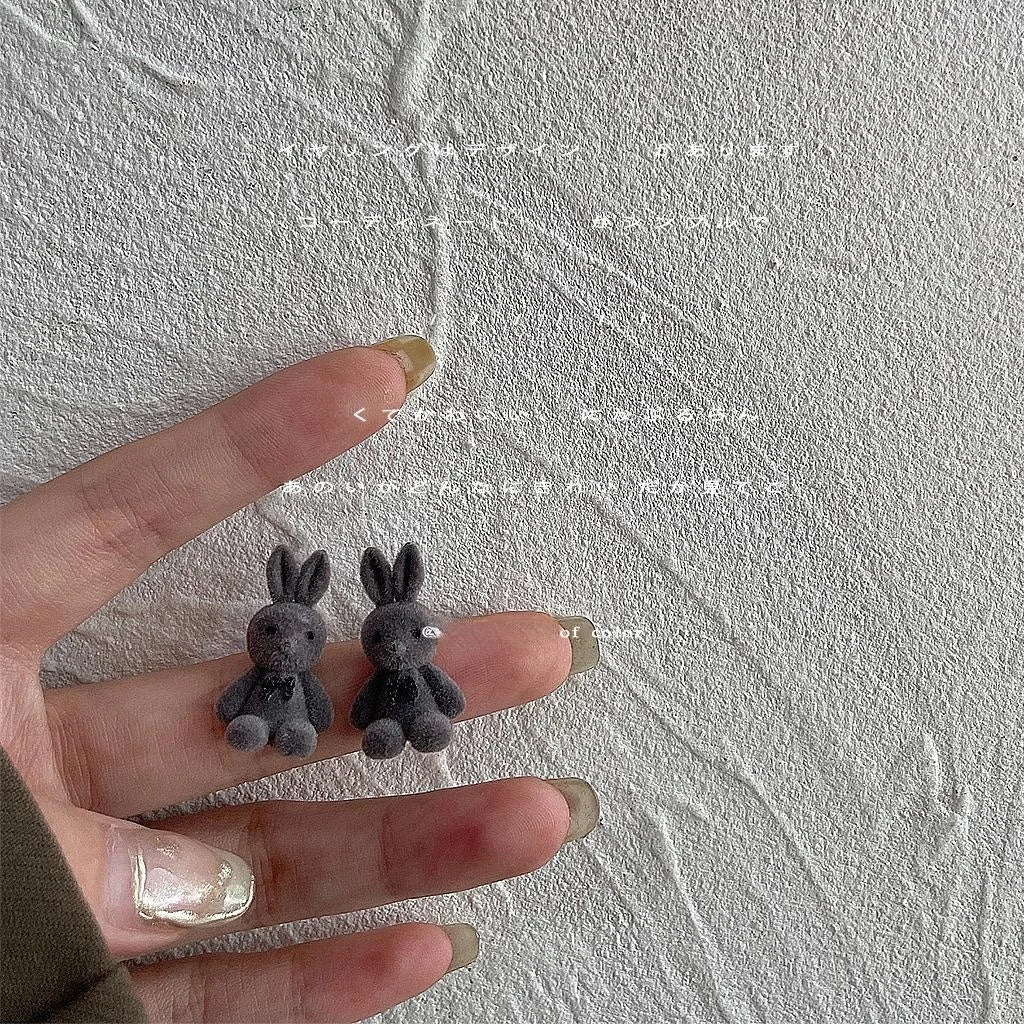 Cute Flocked Bunny Silver Plated Pin Stud Earrings For Women Korean Sweet Animal Jewelry