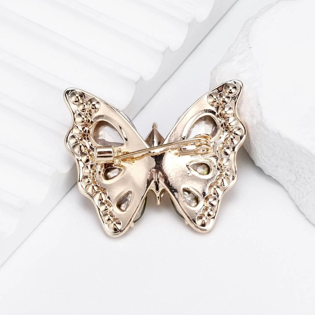 Luxury Glass Butterfly Brooch With Green Rhinestone Wings, Elegant Alloy Lapel Pin Corsage For Women Suit Gift