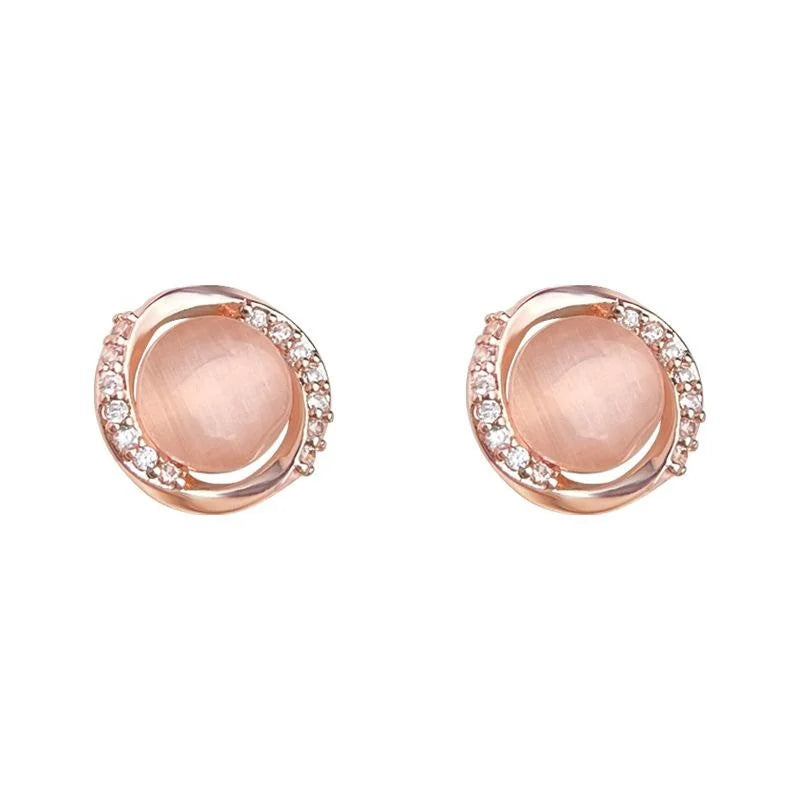 Rose Gold Plated Copper Round Glass Cat Eye Stone Zircon Micro Pave Minimalist Stud Earrings