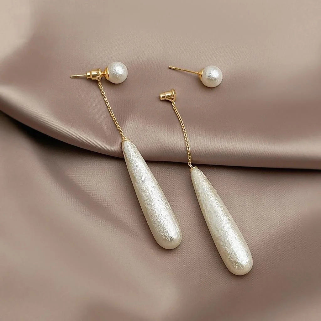 French Vintage Long Snowflake Pearl Teardrop Pendant Drop Earrings For Women