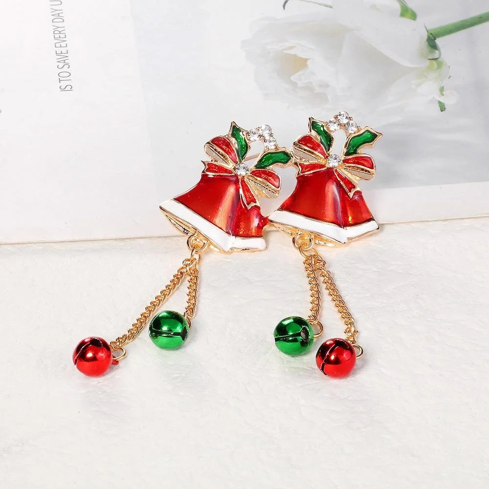 Cute Christmas Double Bell Brooch, Alloy Enamel Rhinestone Dangle Chain Lapel Pin Corsage Gift