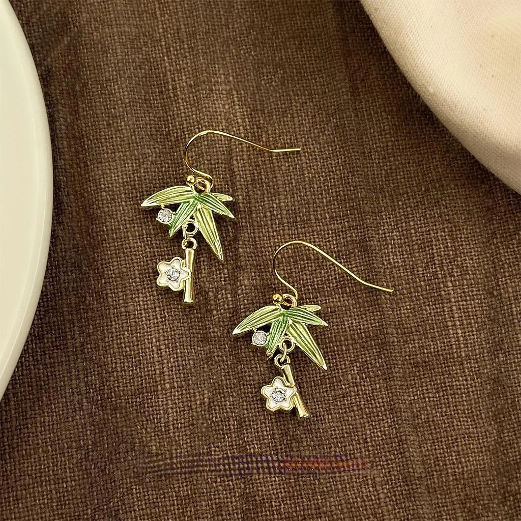 New Chinese Style Copper Bamboo Leaf Drop Earrings Minimalist Artistic Long Earrings for Women