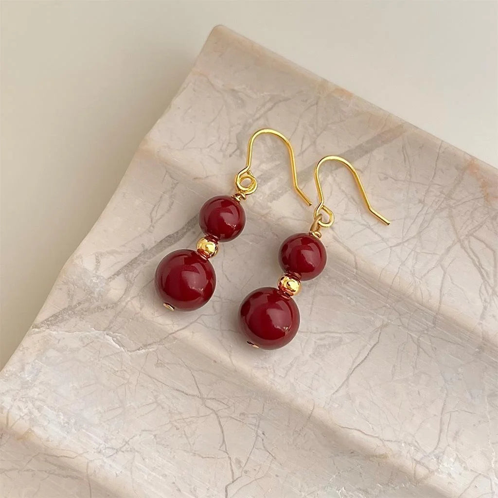 French Vintage Red Glass Tassel Drop Earrings Handmade Palace Geometric Jewelry for Women