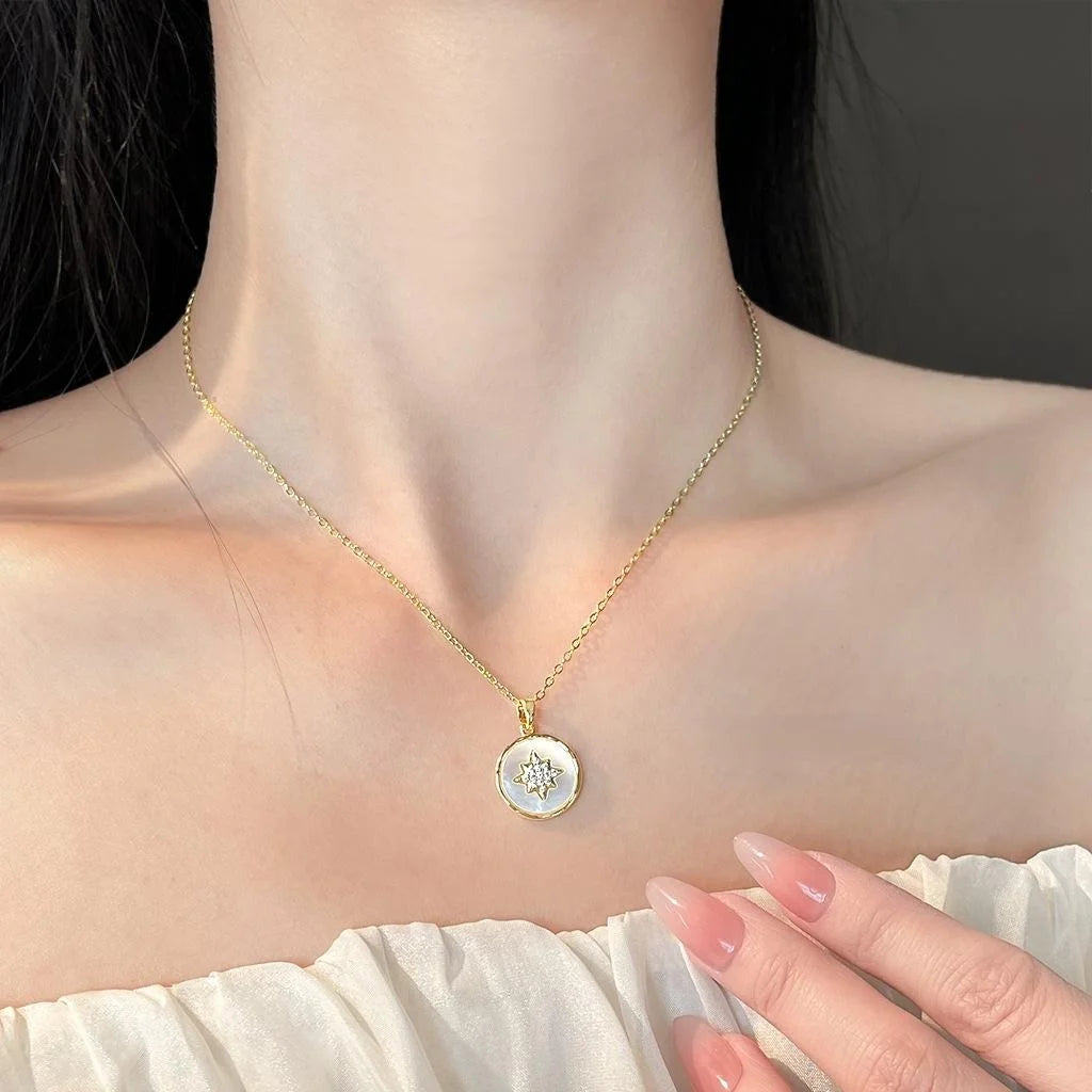 18K Gold Plated Copper Shell Star Round Geometric Light Luxury Clavicle Necklace
