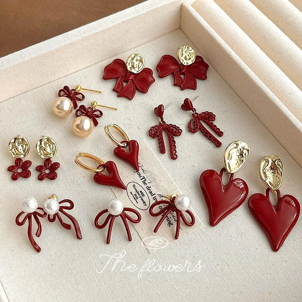 Vintage Burgundy Lacquer Copper Bow Drop Earrings for Women Autumn Winter Fashion