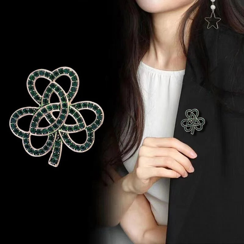 Elegant Hollow Clover Brooch With Green Rhinestones, Gold Alloy Lapel Pin Scarf Clip Suit Accessory Gift