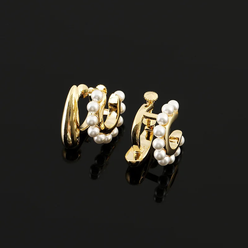 Elegant Gold Alloy Teardrop Double Layer Pearl Hoop Stud & Clip On No Piercing Women's Earrings