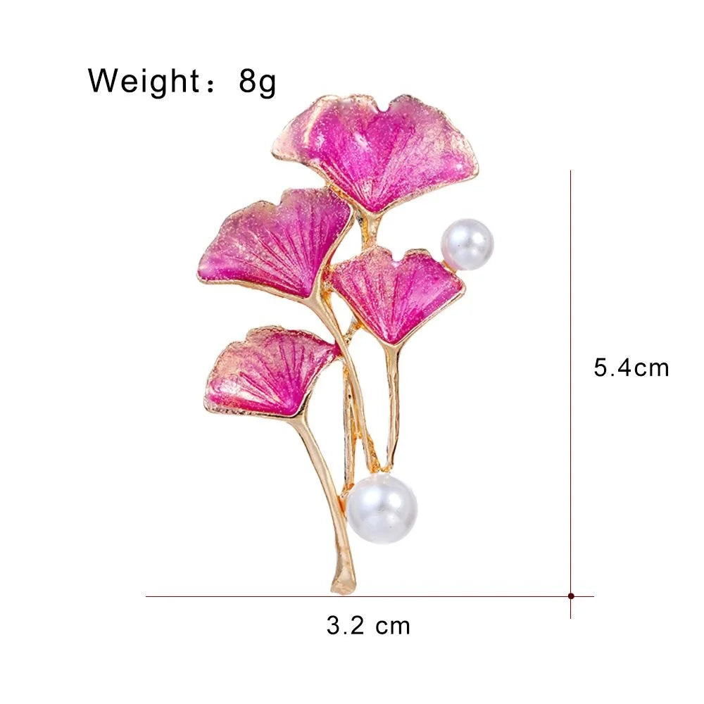 Elegant Pink Enamel Ginkgo Leaf Brooch With Pearl Accents, Gold Tone Alloy Lapel Pin Dress Suit Gift