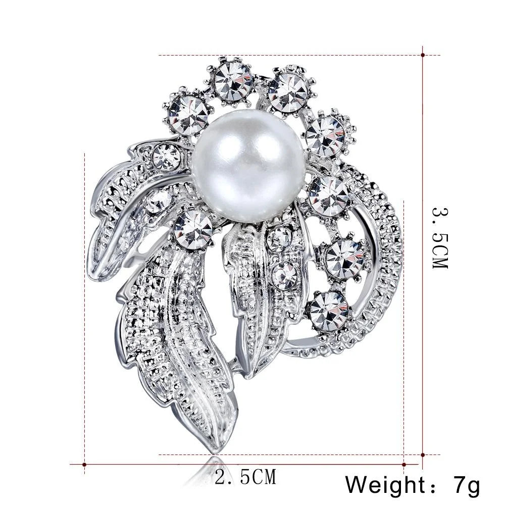Elegant Silver Plated Rhinestone Pearl Flower Leaf Brooch Pin For Women Lapel Corsage Suit Accessory