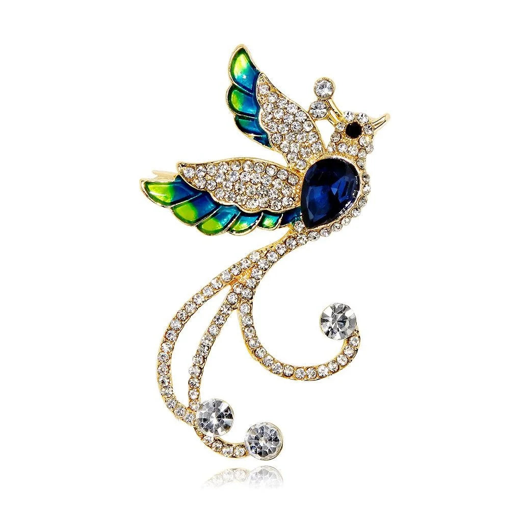 Luxury Phoenix Bird Rhinestone Enamel Brooch, Blue Green Crystal Lapel Pin Corsage Suit Accessory Gift