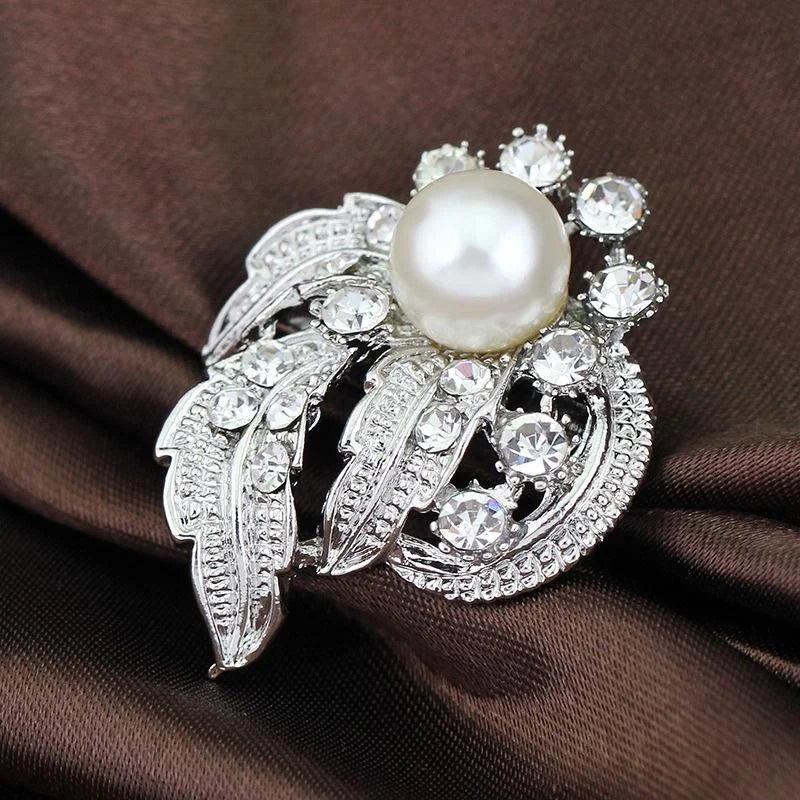 Elegant Silver Plated Rhinestone Pearl Flower Leaf Brooch Pin For Women Lapel Corsage Suit Accessory