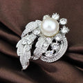 Elegant Silver Plated Rhinestone Pearl Flower Leaf Brooch Pin For Women Lapel Corsage Suit Accessory