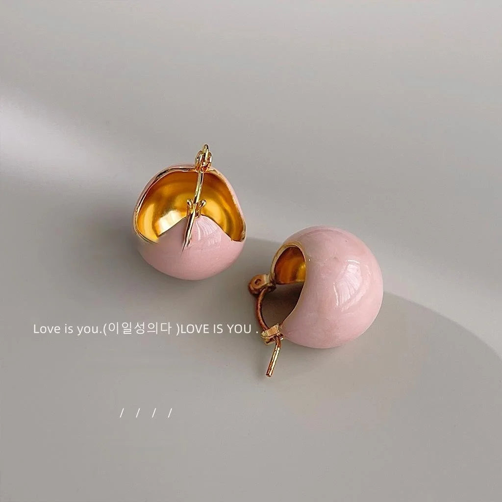 Pink Enamel Copper Oval Drop Earrings Handmade Light Luxury Sweet Minimalist Jewelry