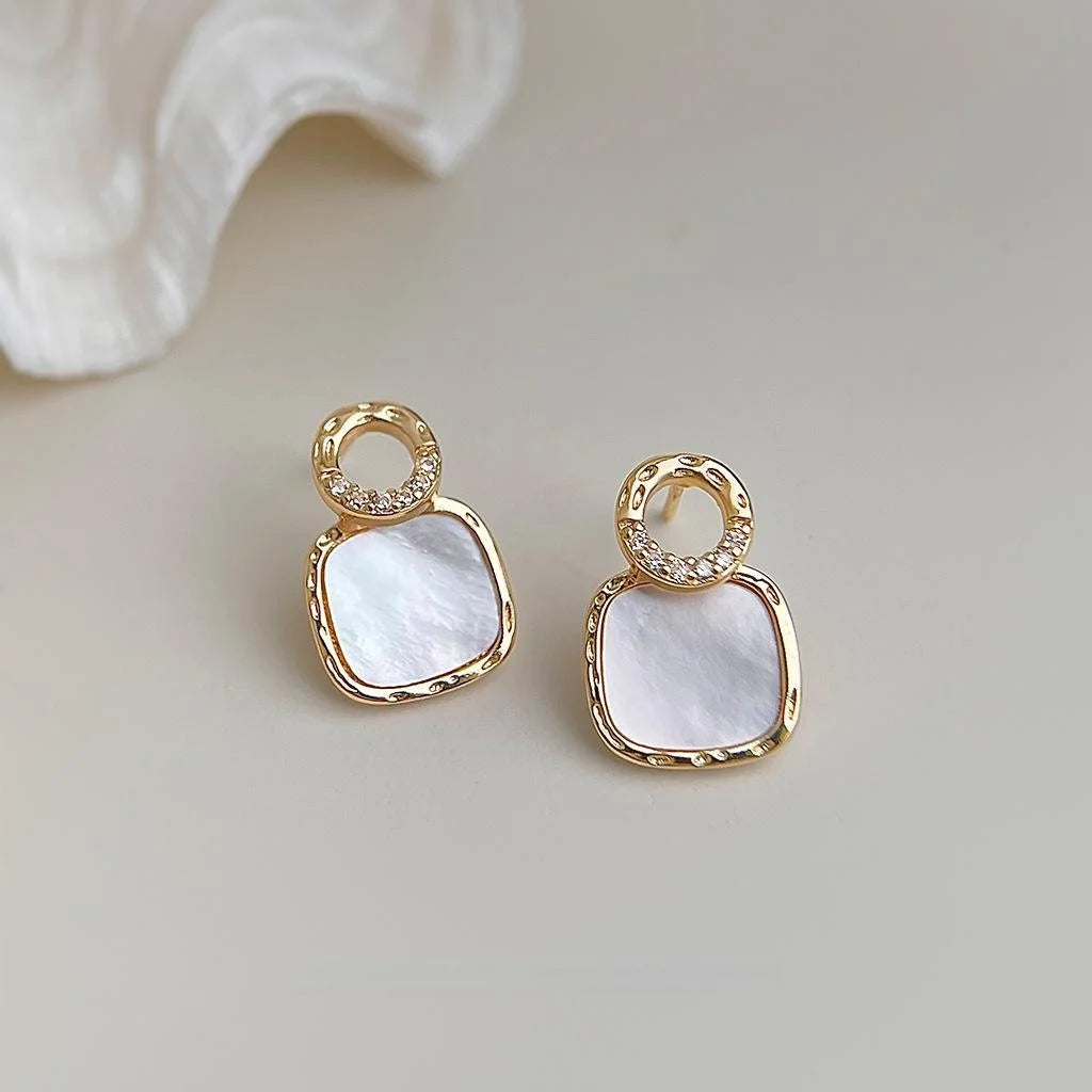 Premium 14K Gold Plated Copper Geometric Hollow Shell Zircon Stud Earrings
