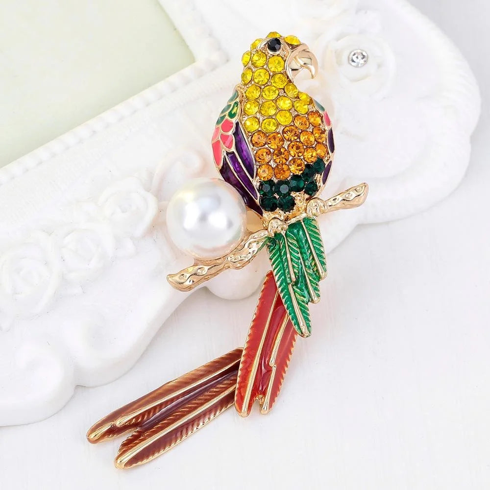Elegant Crystal Rhinestone Enamel Parrot Brooch With Pearl, Luxury Women's Lapel Pin Corsage Suit Accessory Gift
