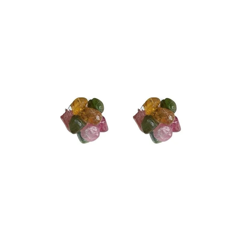Natural Tourmaline Chip Stud Earrings Silver Plated Irregular Geometric Sweet Minimalist Jewelry