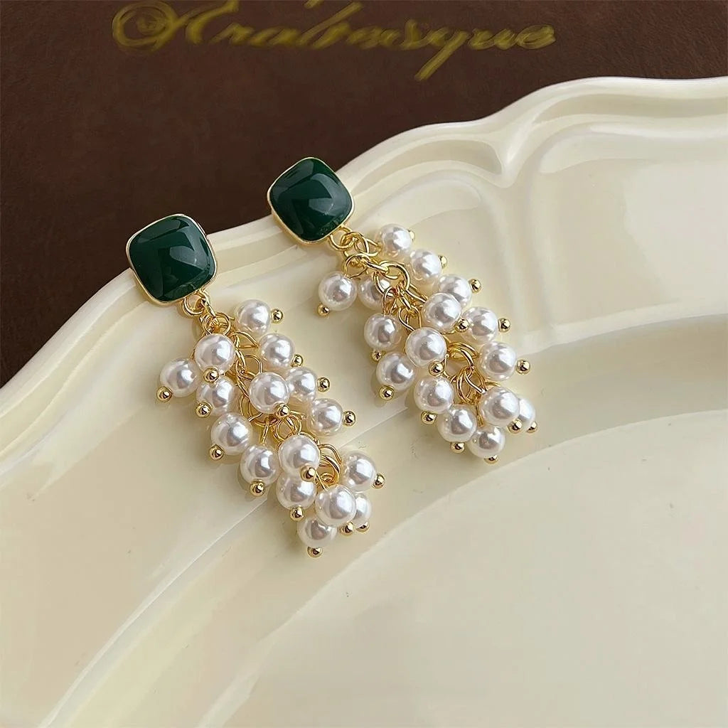 French Vintage Copper Pearl Grape Cluster Tassel Stud Earrings For Women