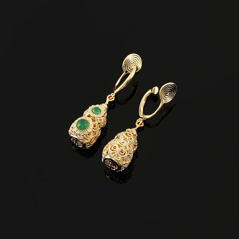 Vintage Luxury Hollow Gourd Filigree Green Crystal Alloy Drop Stud & Clip On No Piercing Earrings