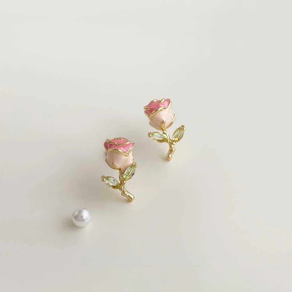 Sweet Fresh Silver Plated Copper Enamel Tulip Flower Micro Pave Zircon Stud Earrings