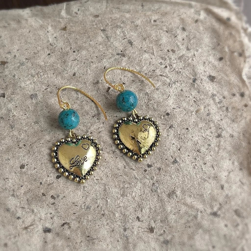 Vintage Ethnic Handmade Blackened Eco Copper Heart Geometric Drop Earrings For Women