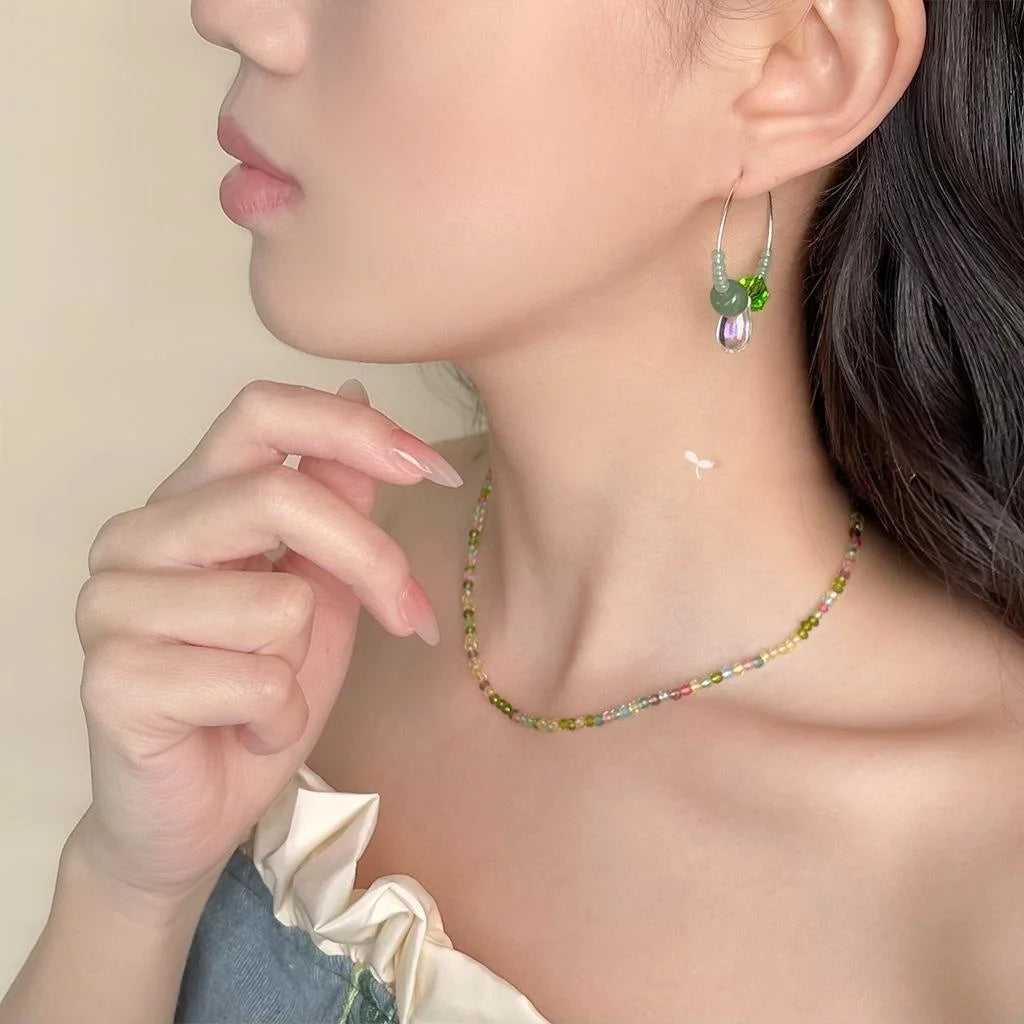 Forest Fairy Green Aventurine Glass Crystal Round Geometric Drop Earrings