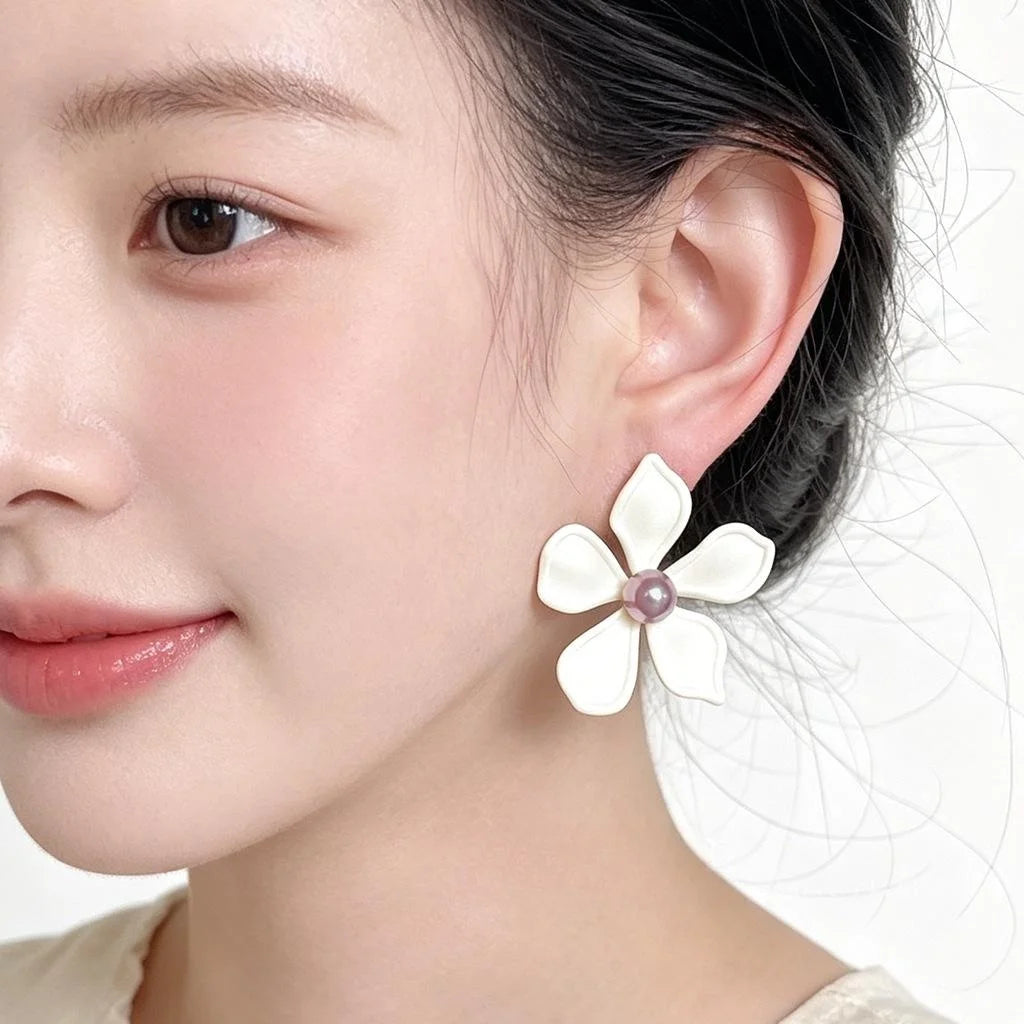 Resort Style Statement Enamel Big Flower Pearl Copper Drop Earrings For Women
