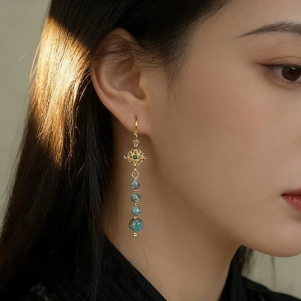 Vintage Chinese Style Copper Zircon Hubei Turquoise Geometric Round Tassel Drop Earrings