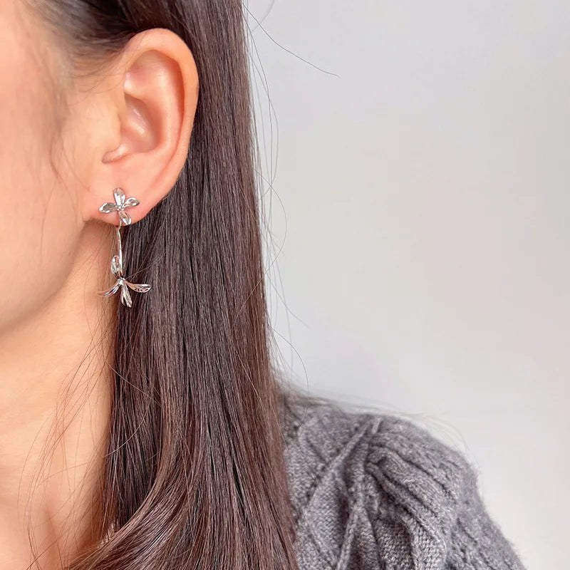 Elegant Silver Alloy 3D Gardenia Flower Spiral Drop Stud & Clip On No Piercing Back Hanging Earrings