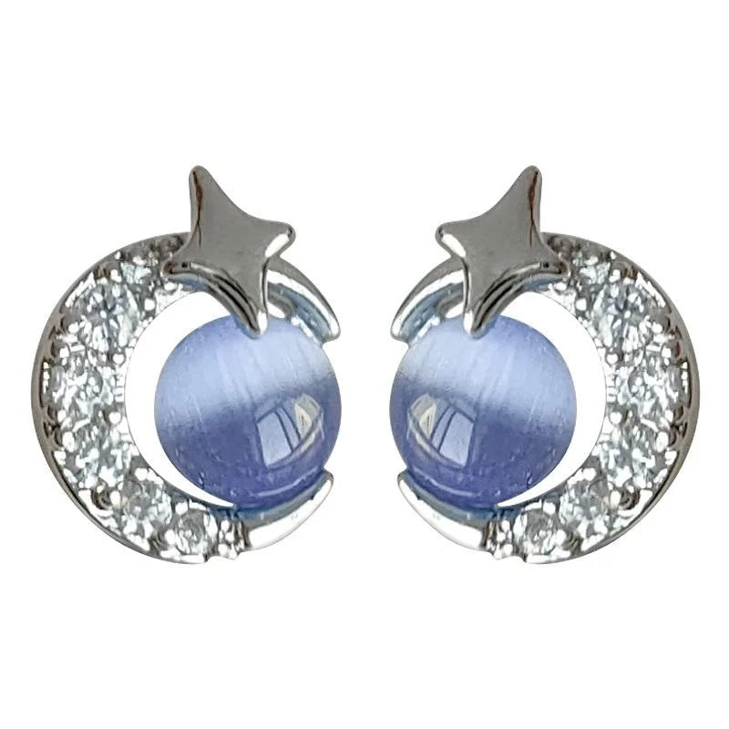 Minimalist Round Glass Cat Eye Stone Micro Pave Zircon Stud Earrings