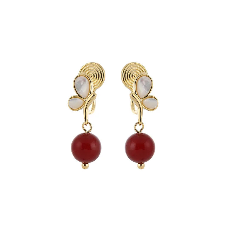 Vintage Shell Butterfly Red Agate Bead Drop Stud & Clip On No Piercing Gold Alloy Earrings