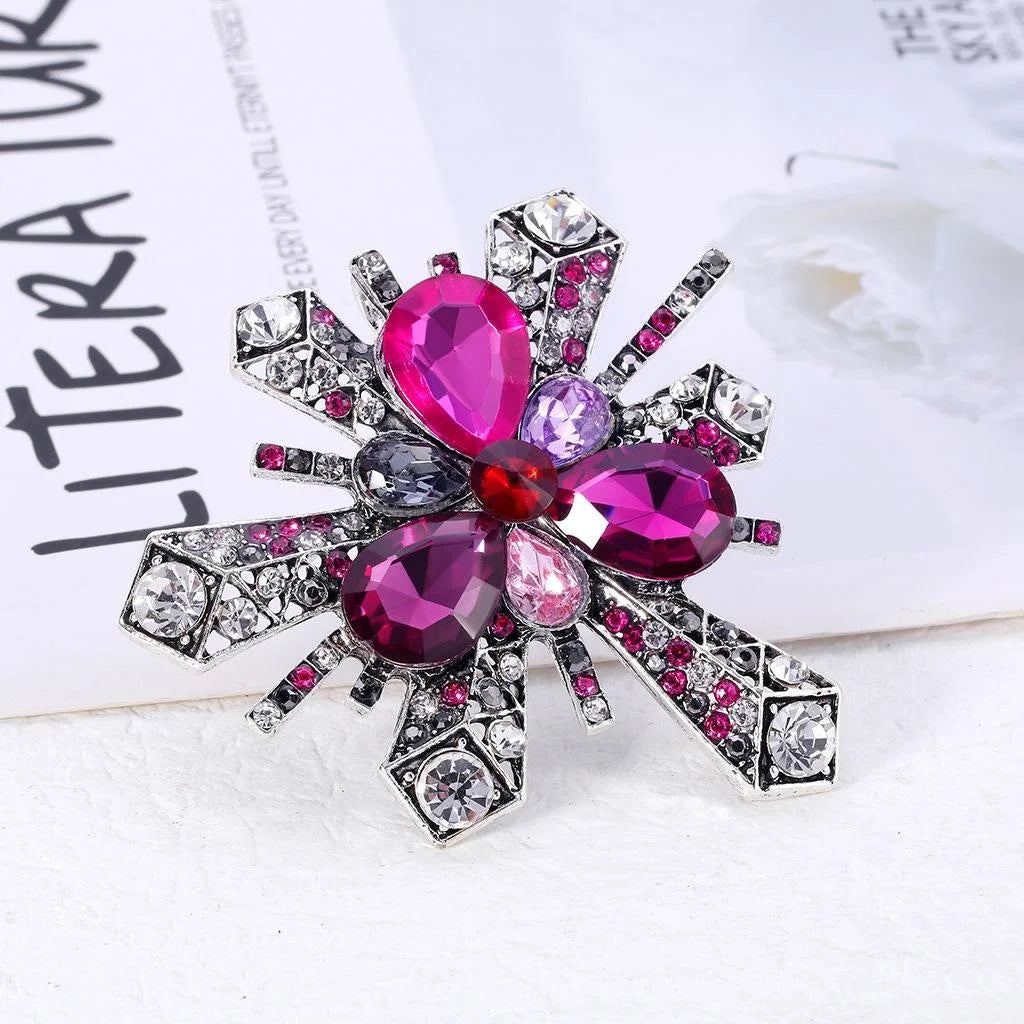 Vintage Pink Acrylic Gem Flower Brooch With Rhinestone Alloy Burst Design, Elegant Lapel Pin Gift