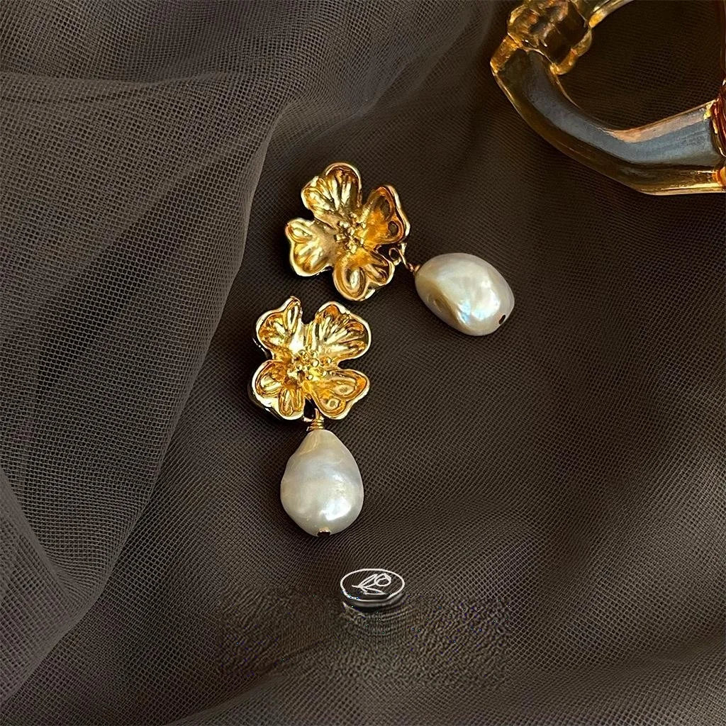 14K Gold Plated Copper Irregular Baroque Freshwater Pearl Flower Drop Earrings