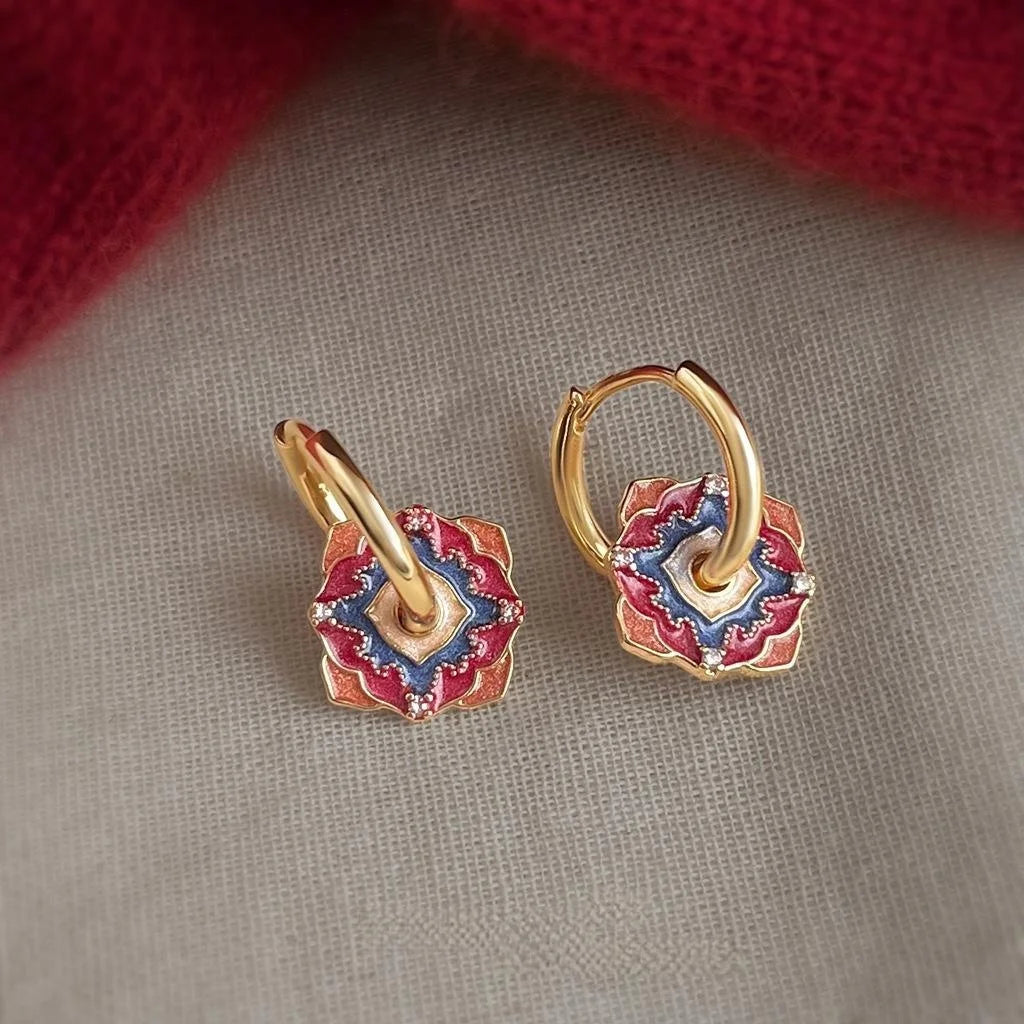 Hand Painted Enamel Copper Zircon Floral Auspicious Pattern Court Style Drop Earrings
