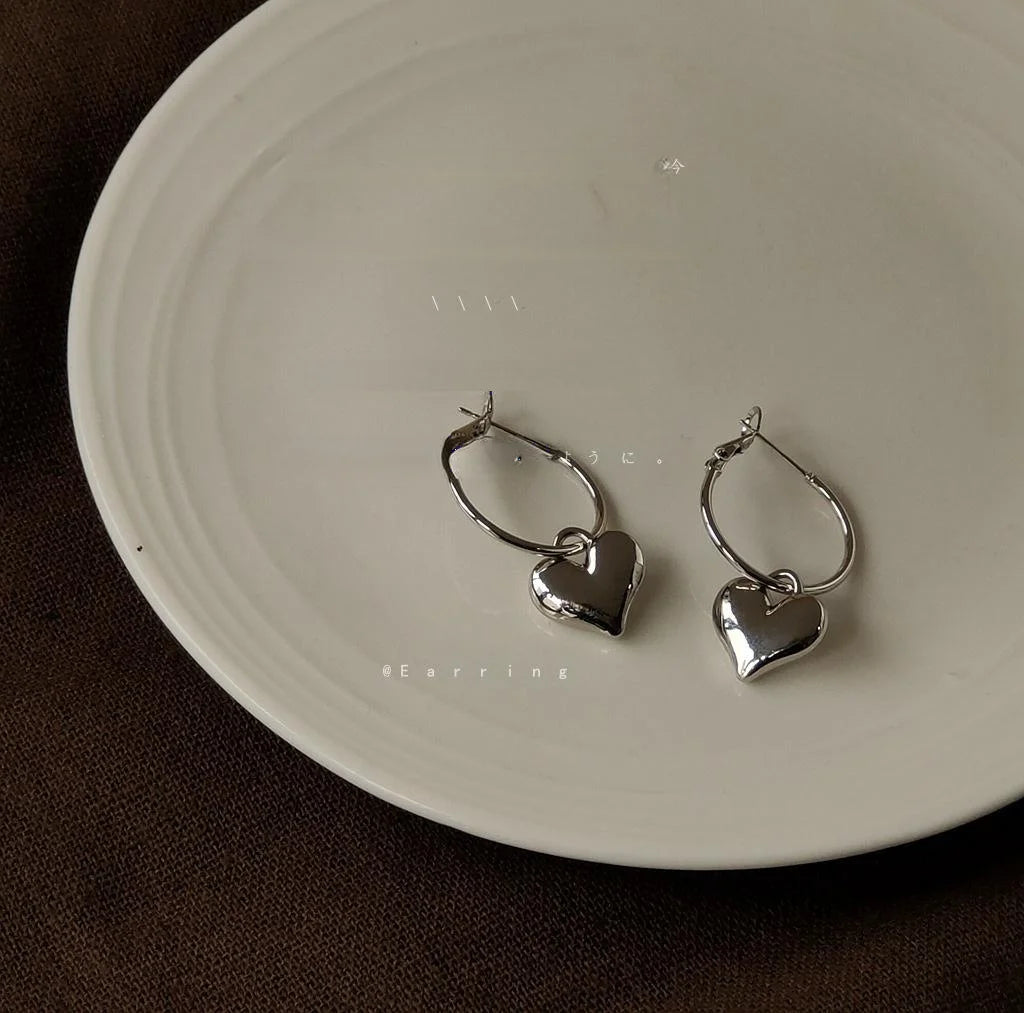 Silver Plated Copper 3D Smooth Heart Drop Earrings, Premium Western Style Fashion Jewelry