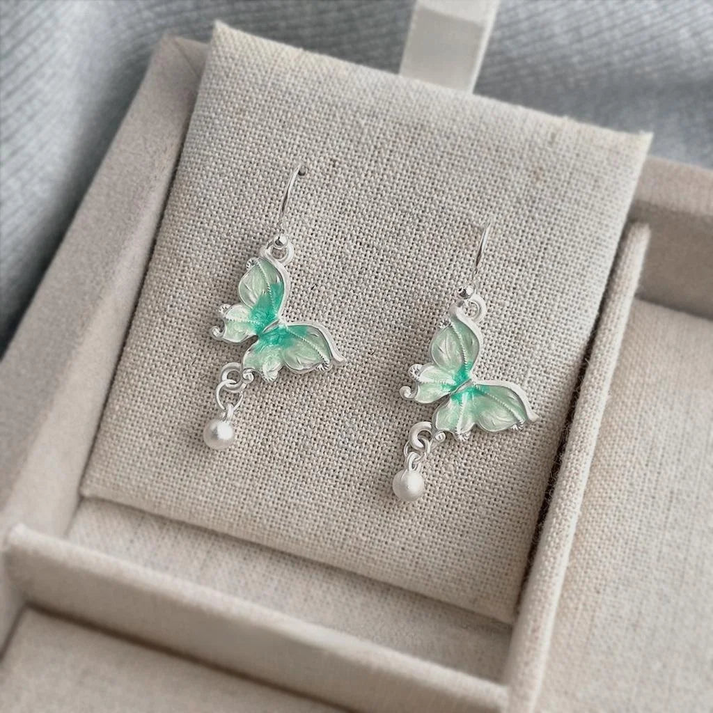 Sweet Forest Style Gradient Green Enamel Butterfly Copper Drop Earrings For Women